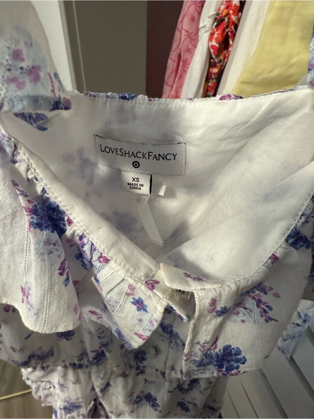 LoveShackFancy Girls White Floral Ruffle Sundress with Pink & Blue Blooms